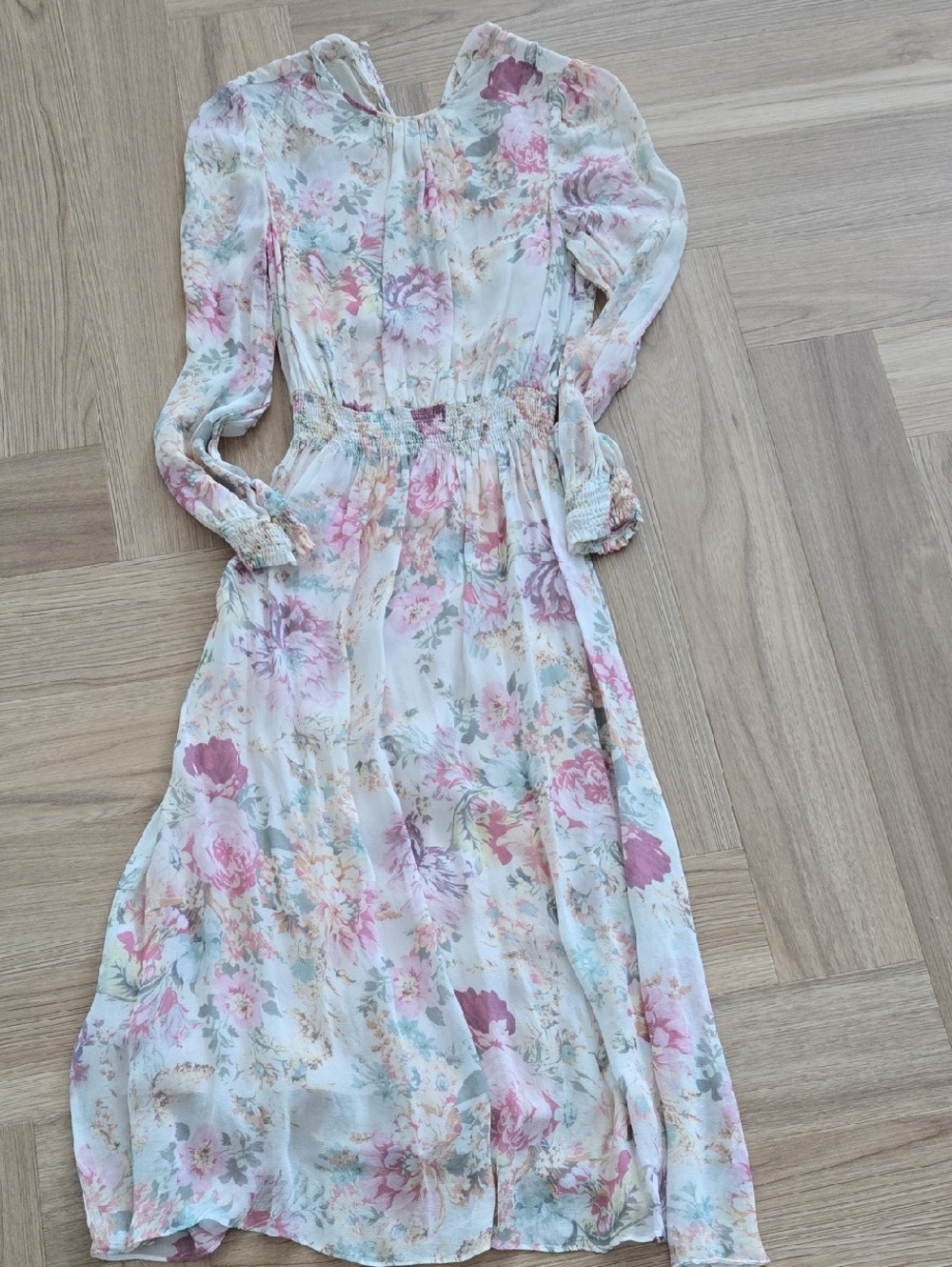Zara Floral Long-Sleeve Midi Dress in Cream, Pink and Blue Medium